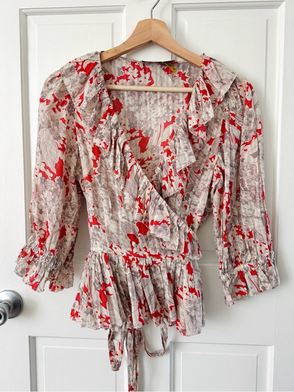 POLO RALPH LAUREN Evee Ruffled Floral Cotton Voile Wrap Top Red Gray Size S - Picture 5 of 14